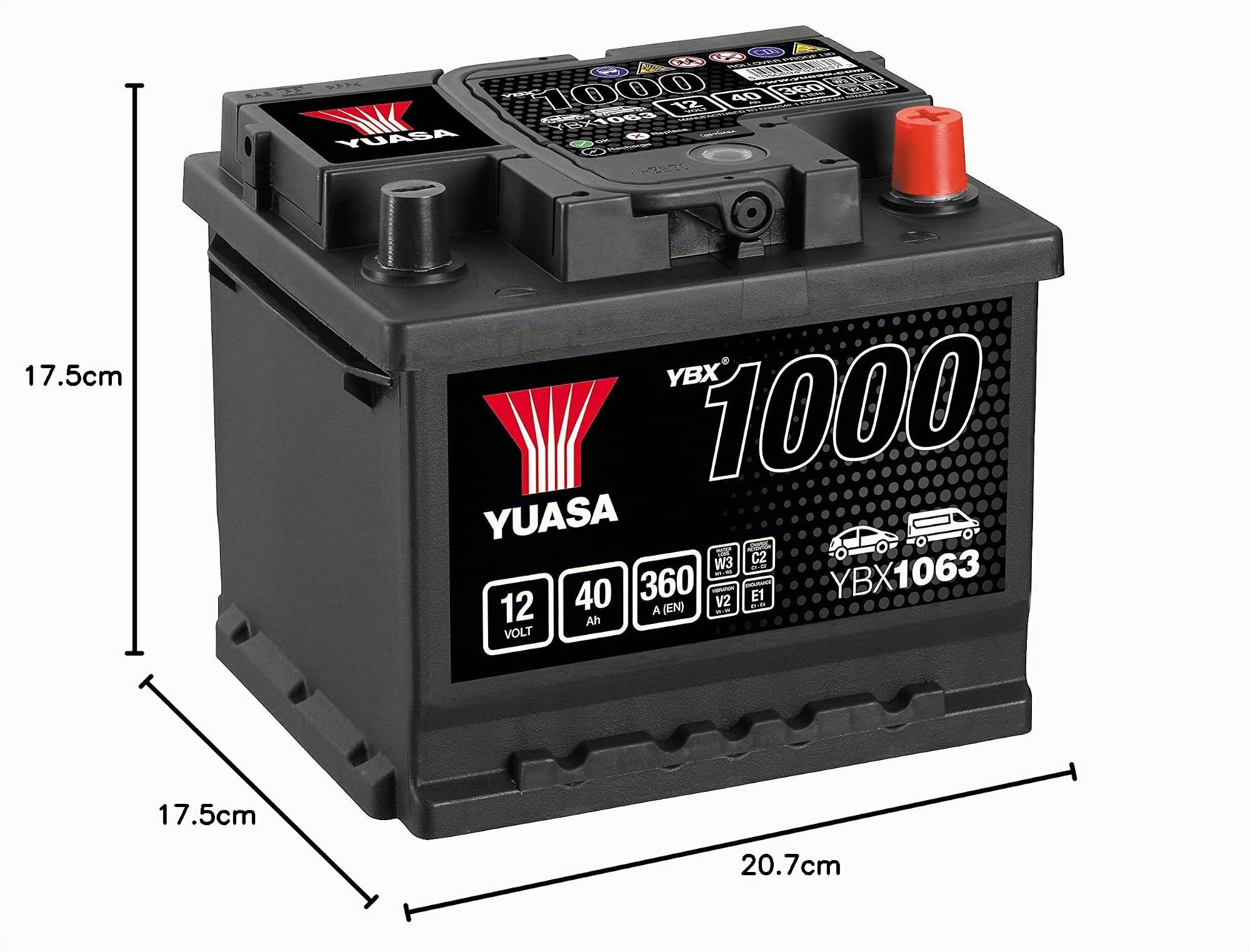 YUASA Batterie 40, Ah 360, A/EN YBX1063 L 207mm B 175mm H 175mm Compatible avec BMW 3 Berline E36 3 Berline E30, VW Golf 3 3/5 portes 1H1 Golf 2 3/5 portes 19E, 1G1, PEUGEOT 205 II 3/5 portes