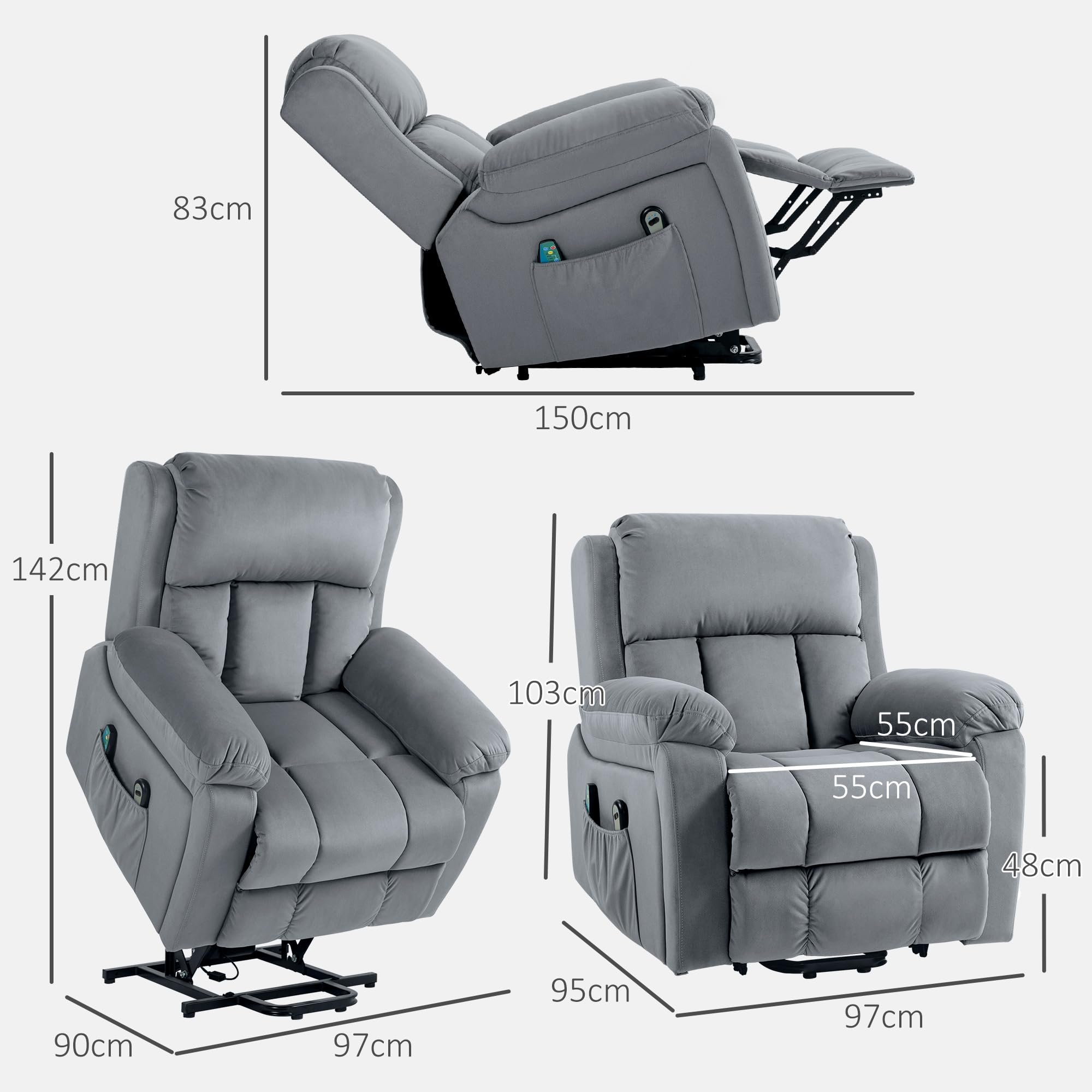 HOMCOM Fauteuil Relax électrique, Fauteuil électrique releveur, Massage et Chaleur, Inclinaison réglable, Assise Large, revêtement synthétique, Fauteuil Relaxant avec Repose-Pied, télécommandes, Gris
