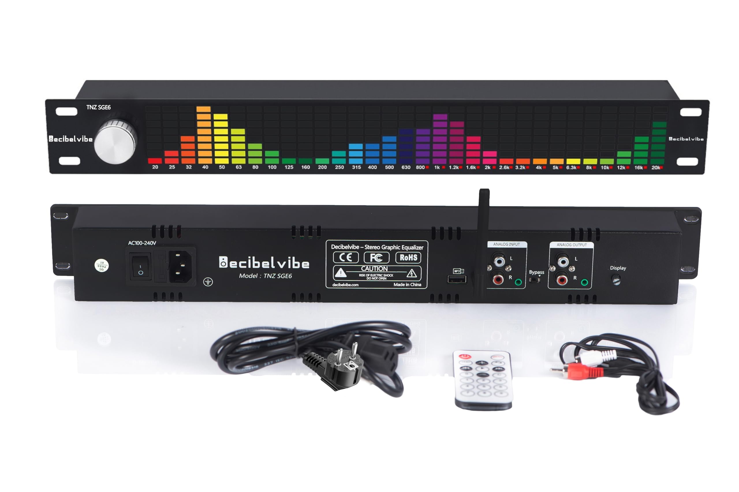 Decibelvibe TNZ SGE6 - Égaliseur Graphique Audio avec Entrée/Sortie RCA-Jack 3.5, entrée sans Fil Via Un Microphone intégré, entrée USB et Bluetooth, préampli Audio pour Systèmes Audio-Vidéo (Argent)