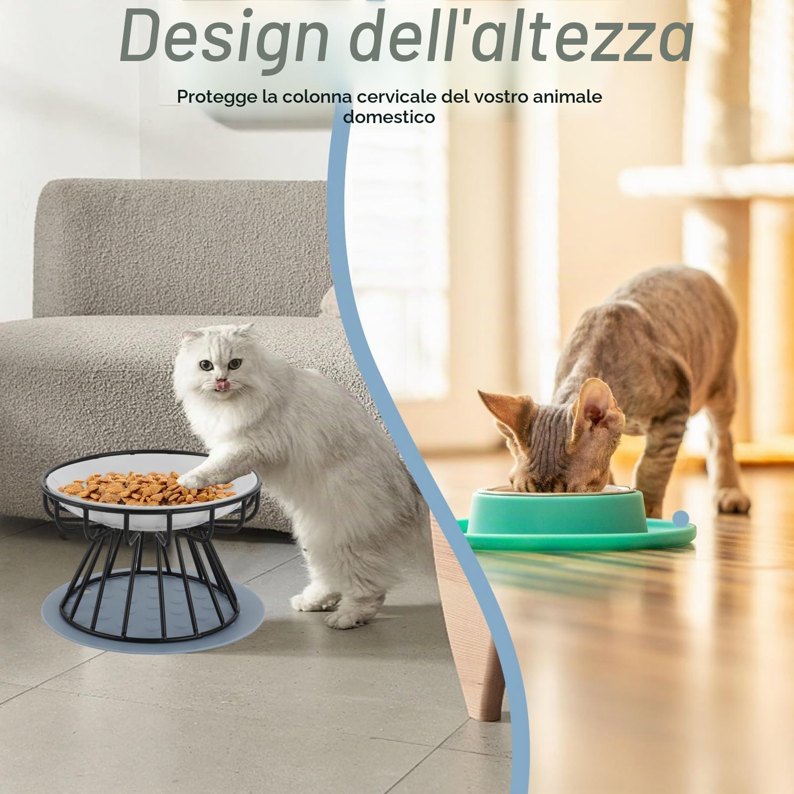YAYODS Set di 3 Ciotole per Gatti in Ceramica con Supporto Rialzato, Ciotola Rialzata per Gatti e Cani Piccoli con Tappetino in Silicone Antiscivolo, Design Salva-Cervicale e Lavabile in Lavastoviglie