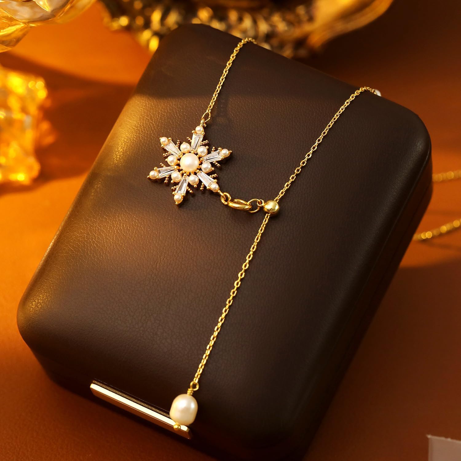 Kokoma Elegant Gold Pearl Snowflake Necklace for Women, Crystal Cubic Zirconia Pearl Dangling Winter Flower Pendant Choker Link Chain Necklace for Christmas Holiday - Image 5