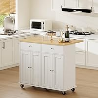 Shintenchi Drop-Leaf Kitchen Island Cart with Storage, Towel Rack, Wheels & Seating - White Rolling Mobile Kitchen Cart