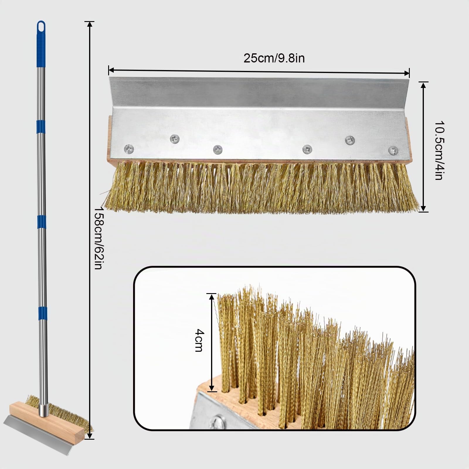Spazzola per pizza acciaio setole ottone larghezza 25 cm manico lungo 153 cm