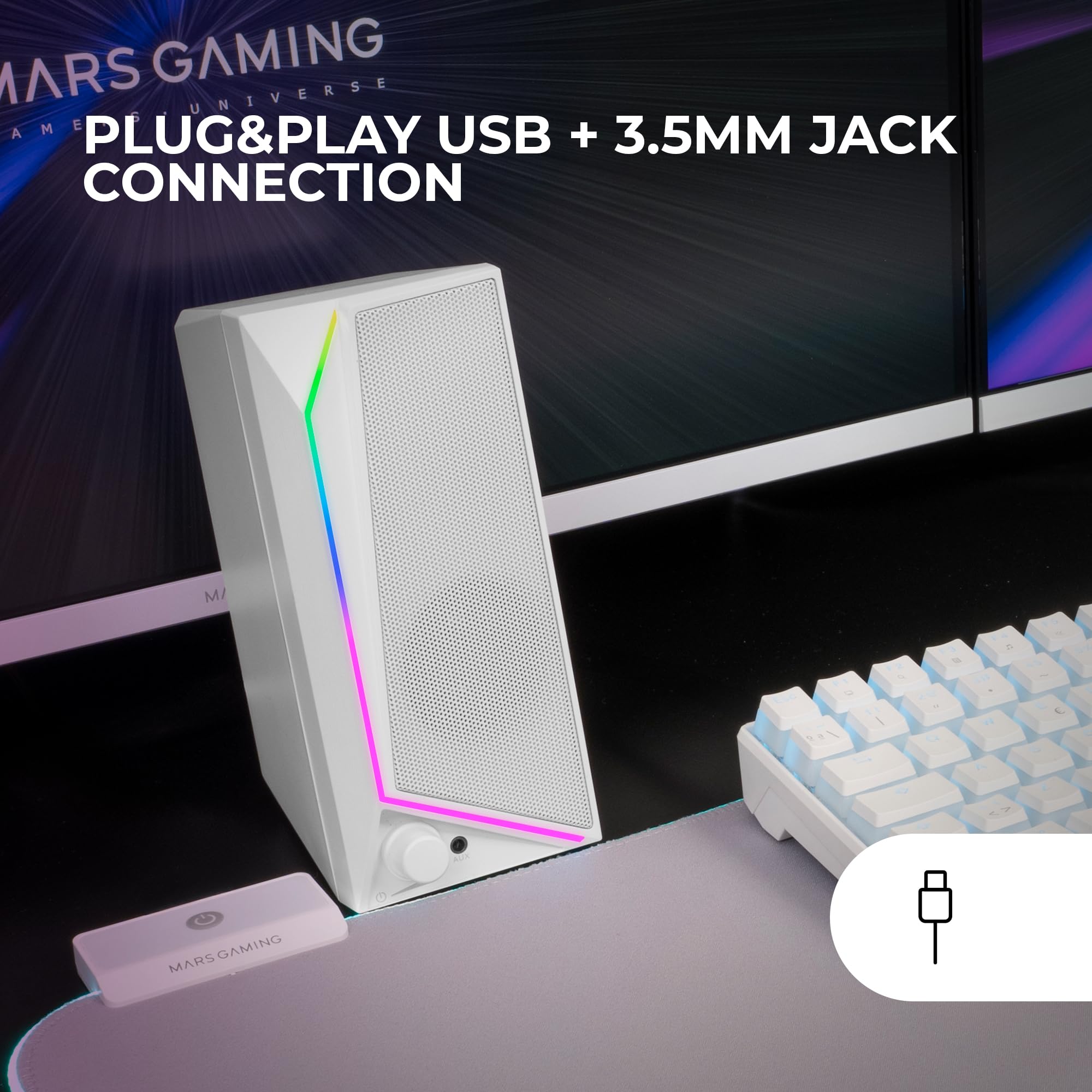 Mars Gaming MS72, Altoparlanti Gaming 15W, Illuminazione RGB Flow, 2 Driver Attivi, Chipset DSP, Connessione Plug&Play USB e Jack 3.5mm, Rotella Controllo Volume e Porta Audio per Cuffie, Bianco