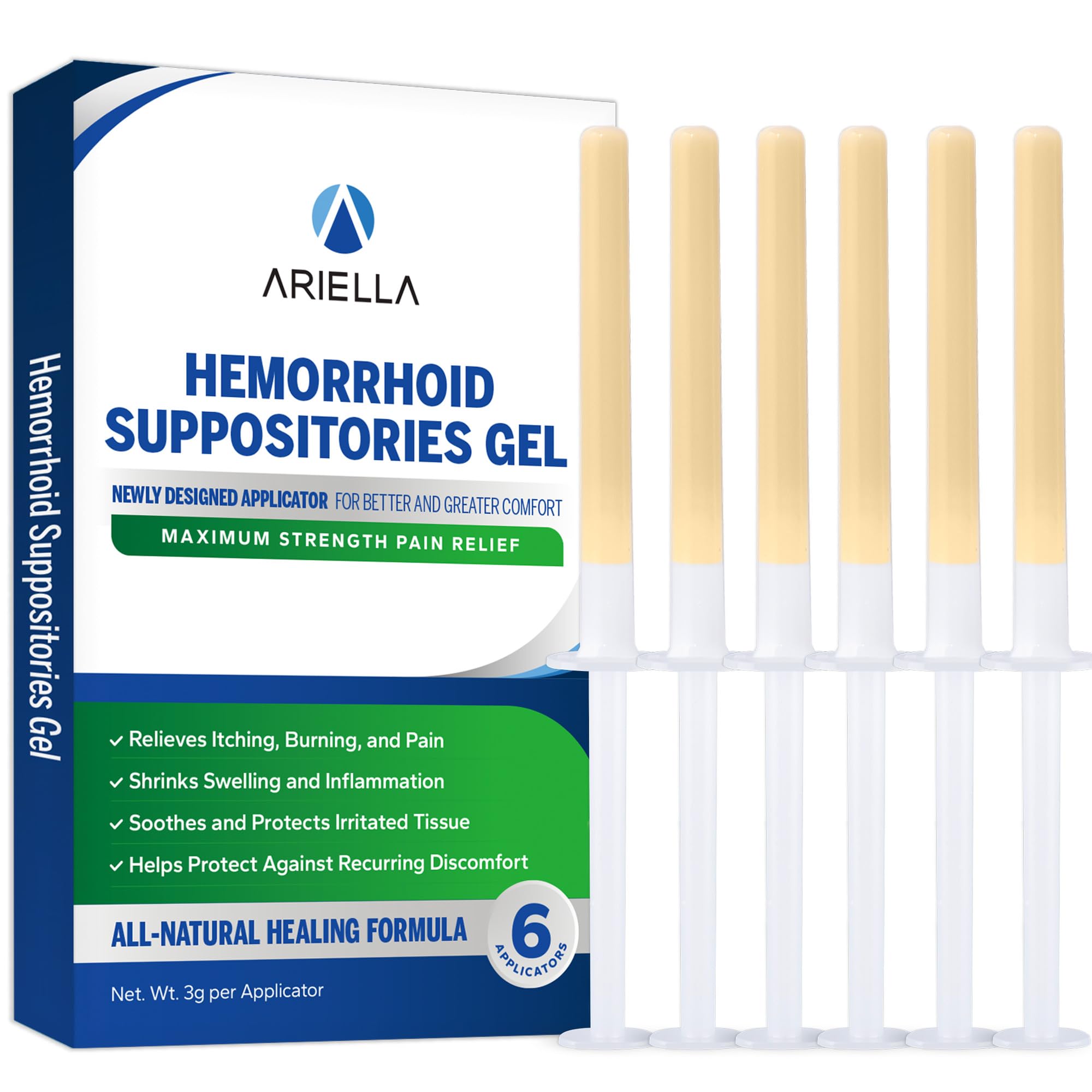 Ariella Hemorrhoid Treatment Suppository Gel: Natural & Herbal - Relieve Itching Burning Discomfort - Internal Relief - New Rounded Applicator -