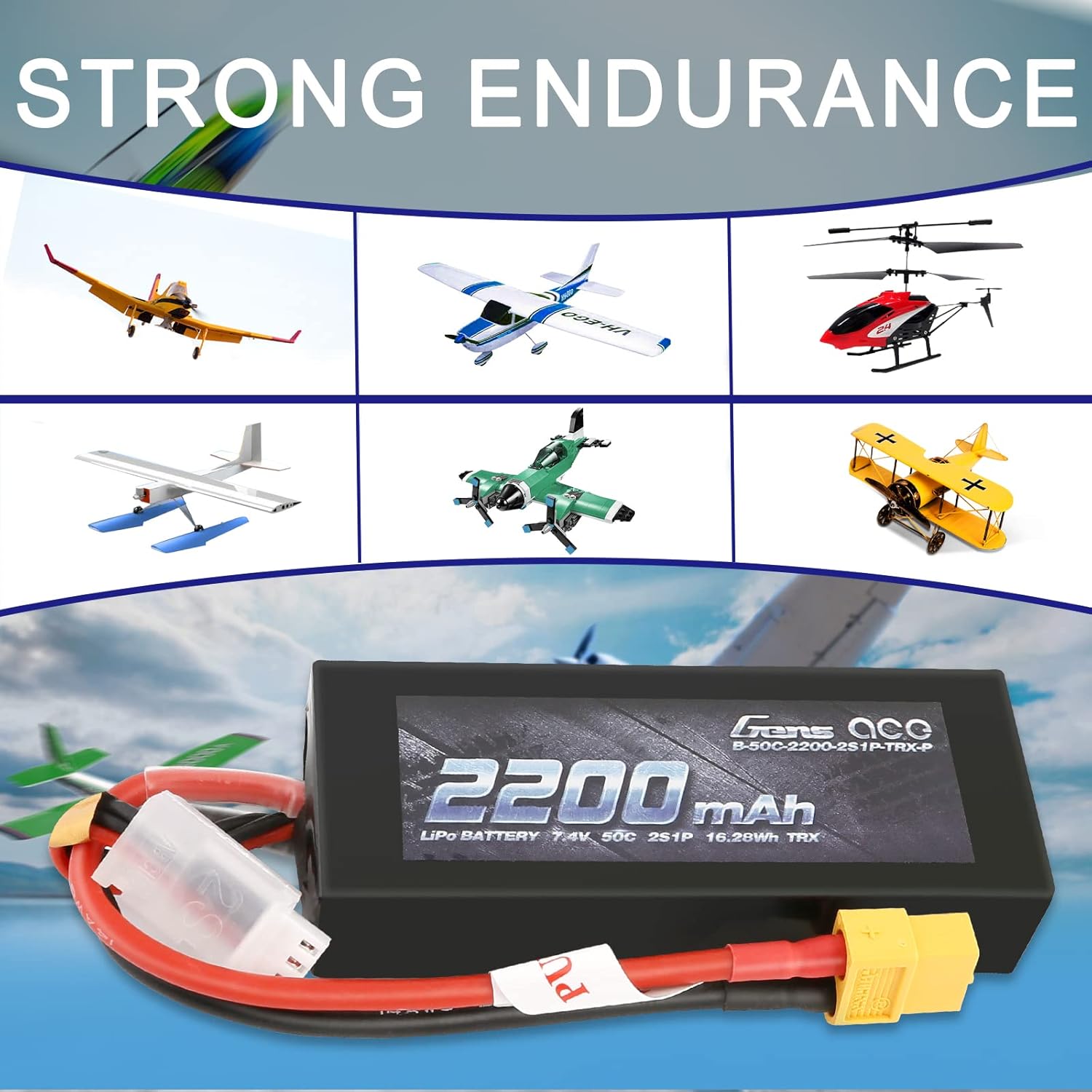 Gens ace 2S 2200mAh LiPo Battery with various RC models