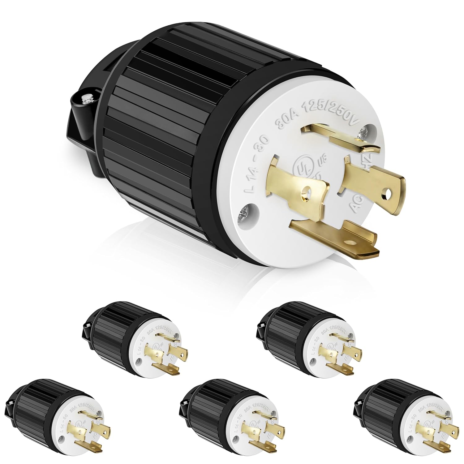 ENERLITES NEMA L14-30P Locking Plug Connector for Generator, Twist Lock Male Plug, 30 Amp, 125/250 Volt ,3 Pole, 4 Wire Grounding, Industrial Grade Heavy Duty, UL Listed, 66470-BK, Black, 6 Pack