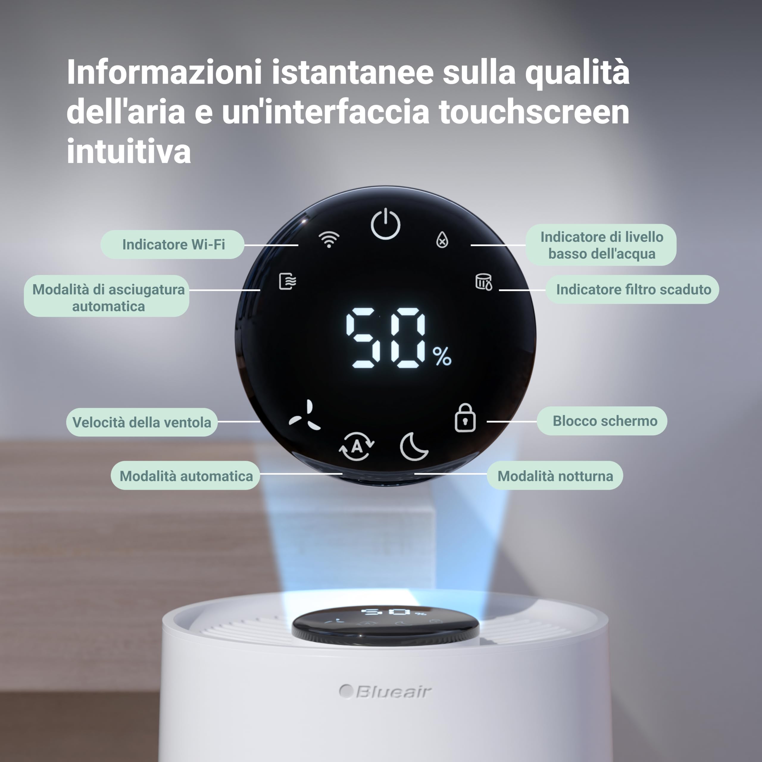 BLUEAIR Umidificatore Intelligente, Serbatoio 3.5L lavabile in lavastoviglie per ambienti di grandi dimensioni, sonno migliore con la tecnologia di evaporazione, modalità automatica e notturna