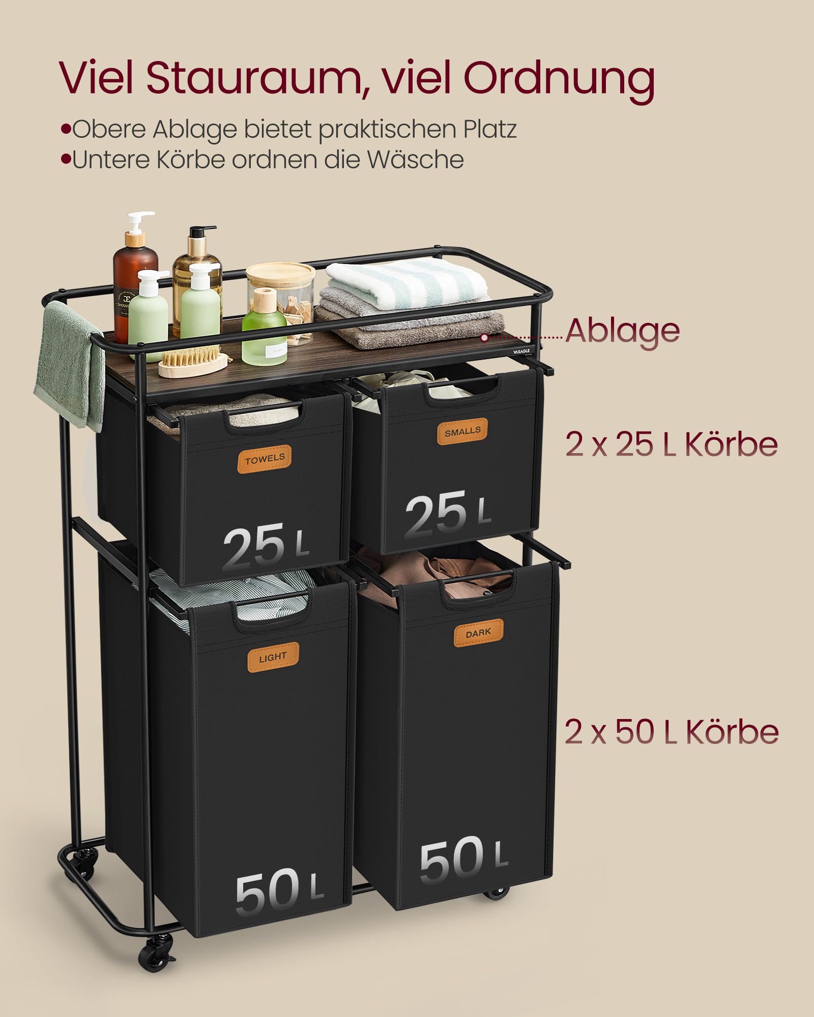 VASAGLE Wäschesammler mit Rollen, Wäschekorb 4 Fächer, 150 L, Wäschesortierer mit Ablage, Wäschewagen, abnehmbare Taschen, 6 Etiketten, Waschküche, tintenschwarz-kastanienbraun RLS100B01