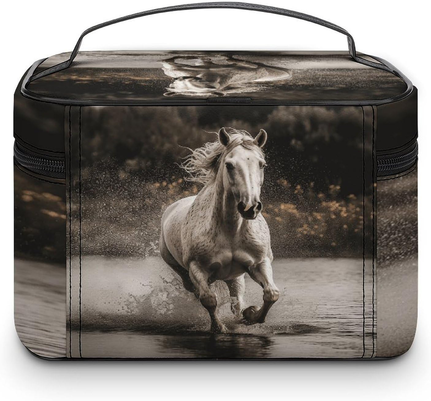 Horse Running by The Water Makeup Bag with Handle Fashion Portable Travel Toiletry Bag Exquisite Large Capacity Cosmetic Bags Lightweight Travel Accessories Storage Bags for Women image 3