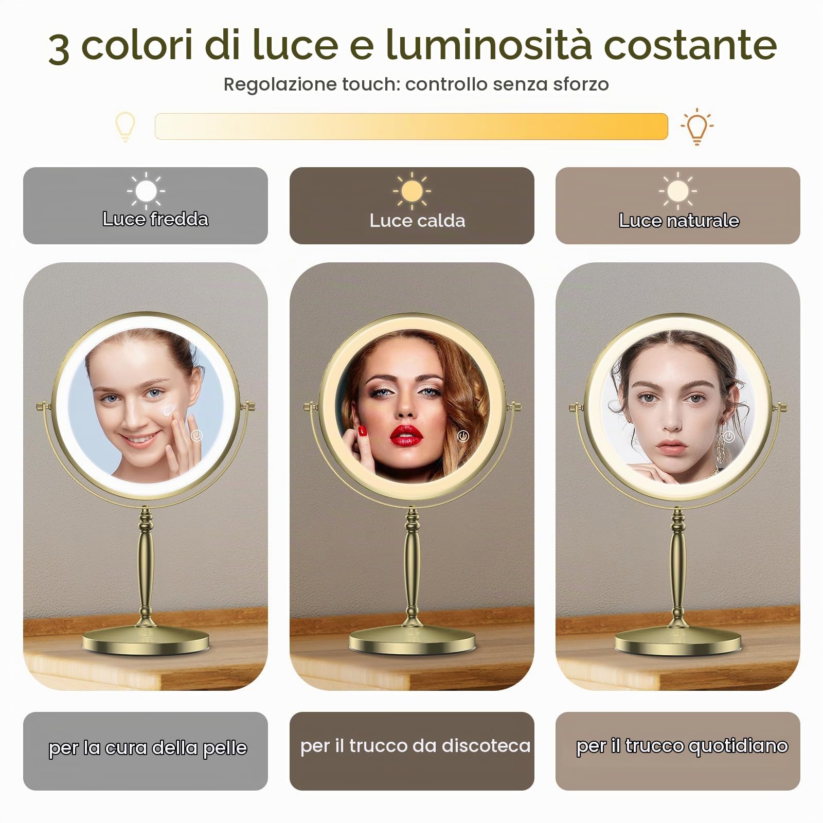 MATEPROX 8 Pollici Specchio da Trucco con Luci, Doppio Lato 1X 10X Ingrandimento, Specchio da Trucco Girevole con 3 Colori di Illuminazione, Sensore Touch e Regolazione della Luminosità-Oro