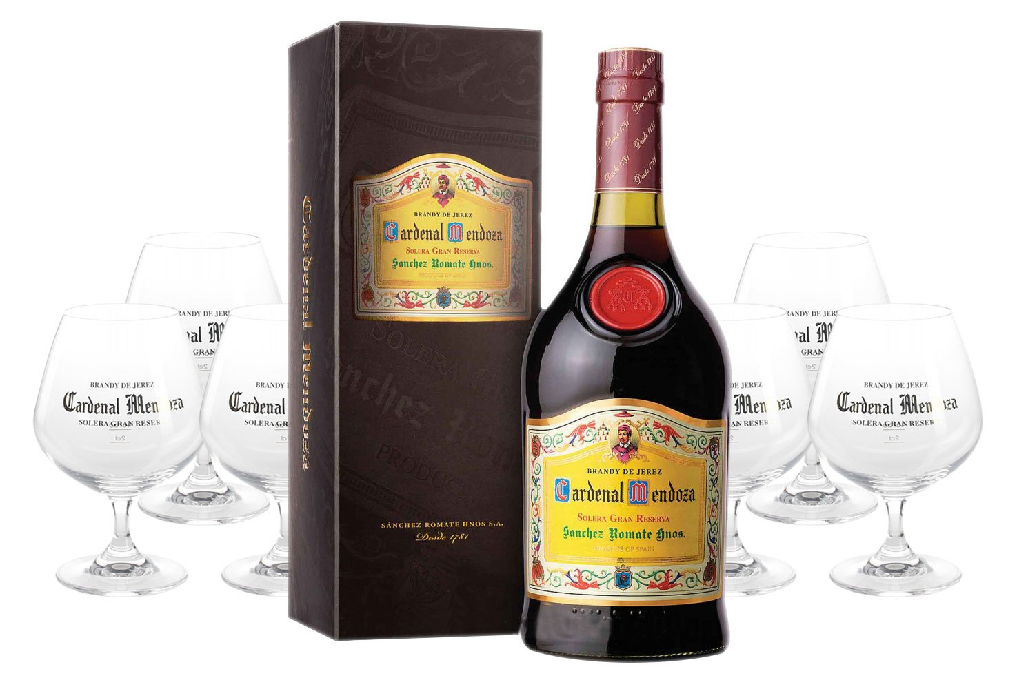 Cardenal Mendoza spanischer Brandy 0,7 Liter + 6 Cardenal Mendoza Gläser
