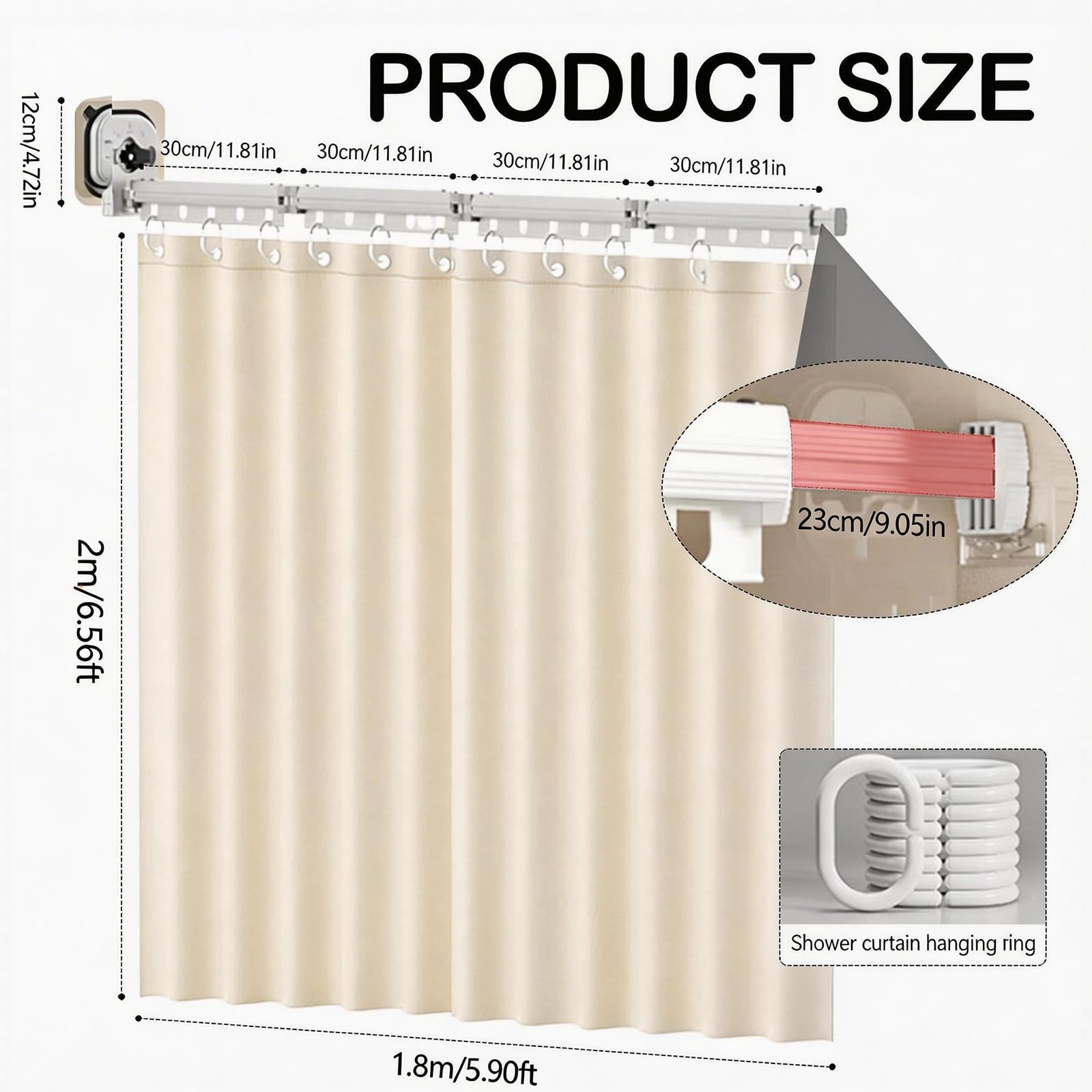 Barra De Cortina De Ducha Plegable, 4 Pliegues Barras Juego cortina de ducha Barras Con Ventosa 1,8 X 2,0M Impermeable Sin Taladros Barra De 162 Cm Forma L/U Escalera Recta (Blanco, 4 Pliegues)