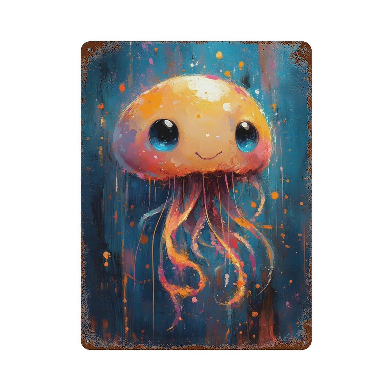 Cute Jellyfish Painting 15.7"x11.8" Rusty Metal Tin Sign, Shabby Chic Decor for Bistro, Counter And Cafe Decor