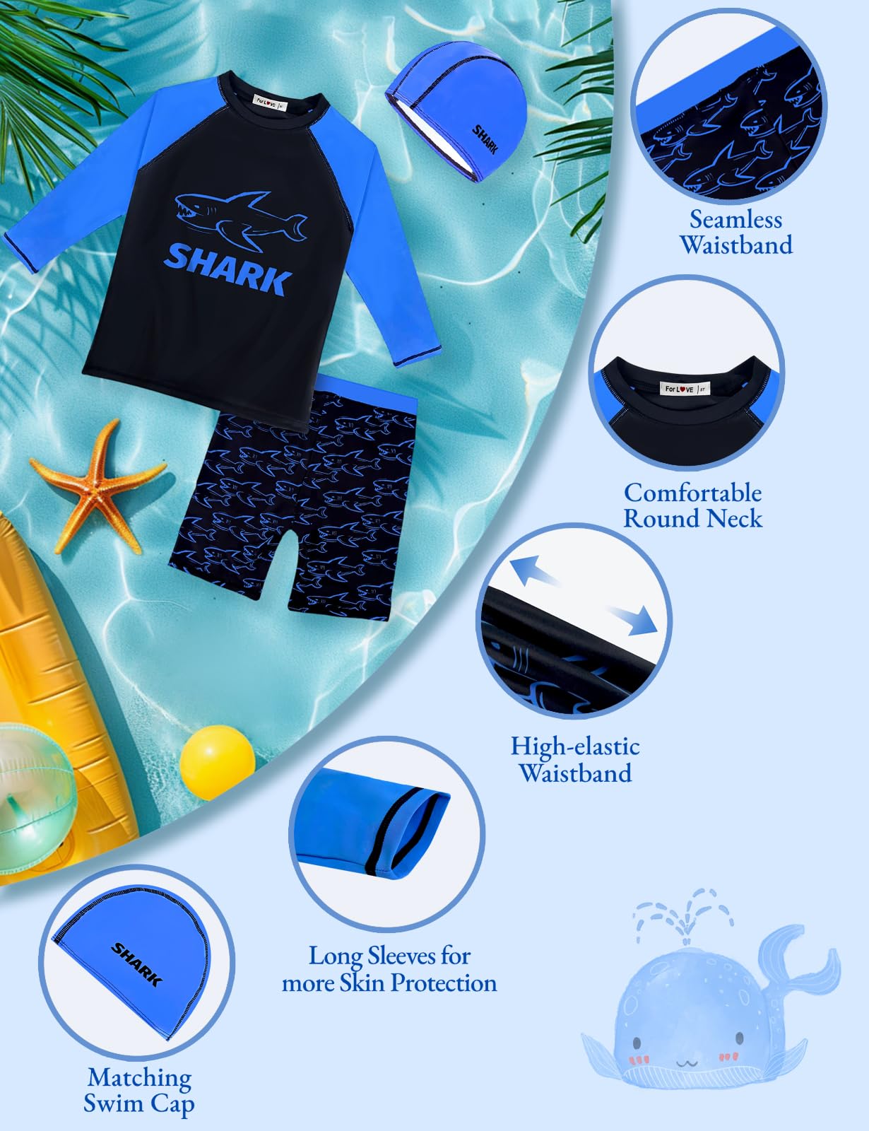 weVSwe Maillot de bain 3 pièces à manches + short de bain + bonnet de bain pour garçons de 2 à 12 ans Protection UV UPF 50+