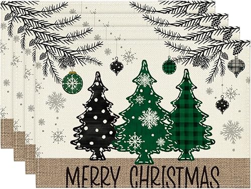 Miniatura 8 de Artoid Mode Juego de 4 Manteles Individuales Redondos con Ornamentos de Árboles de Navidad, Copos de Nieve, Feliz Navidad, 14 Pulgadas, Manteles de