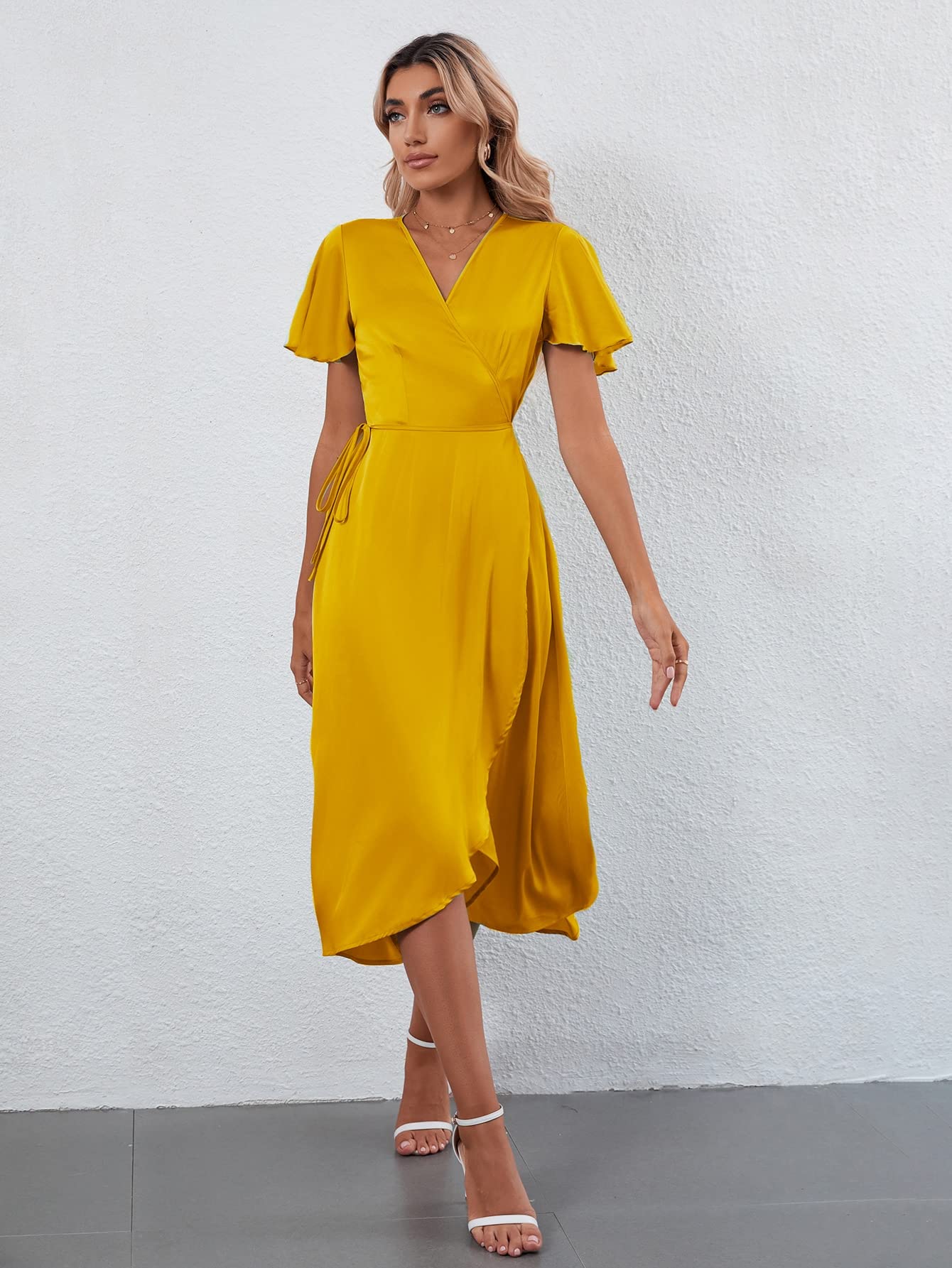 ANHCRA Semi Formal Dresses Solid Flounce Sleeve Wrap Dress (Color : Mustard  Yellow, Size : S) : Buy Online at Best Price in KSA