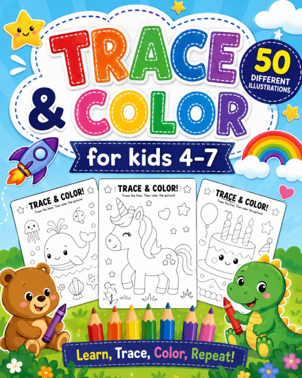 Trace and Color for Kids Ages 4-7: Learn to Trace, Draw & Color | 50 Fun Preschool Activities with Princesses, Knights, Dinosaurs, Ships & More