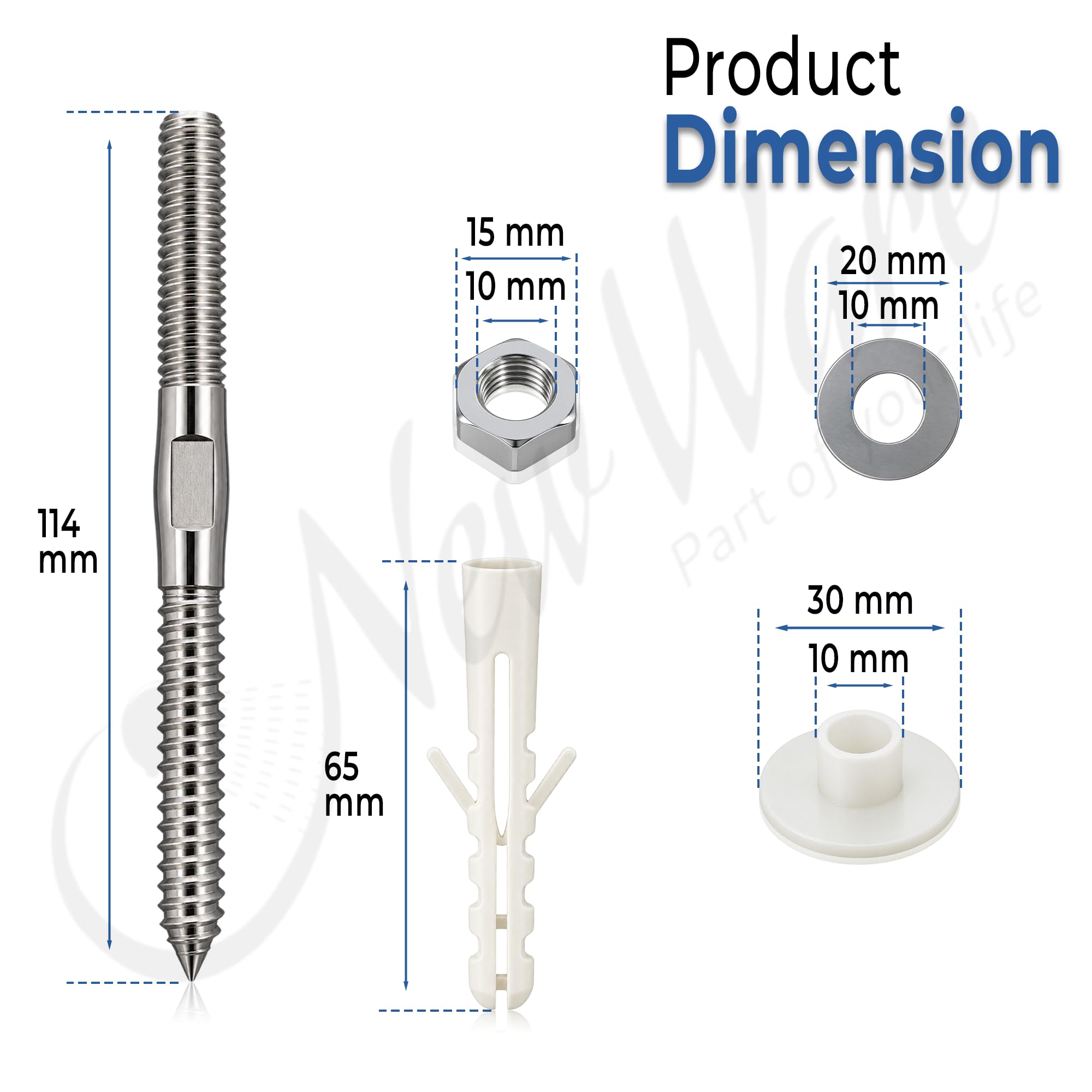 NEW WARE® Stainless Steel Rack Bolt Pair with Nut & Screw 10 x 125 mm | Heavy Duty Wash Basin Wall Mount Fixing Kit for Countertop Sink Basin Geyser Installation | Rust Proof Durable Hardware Set — Amazon image 2