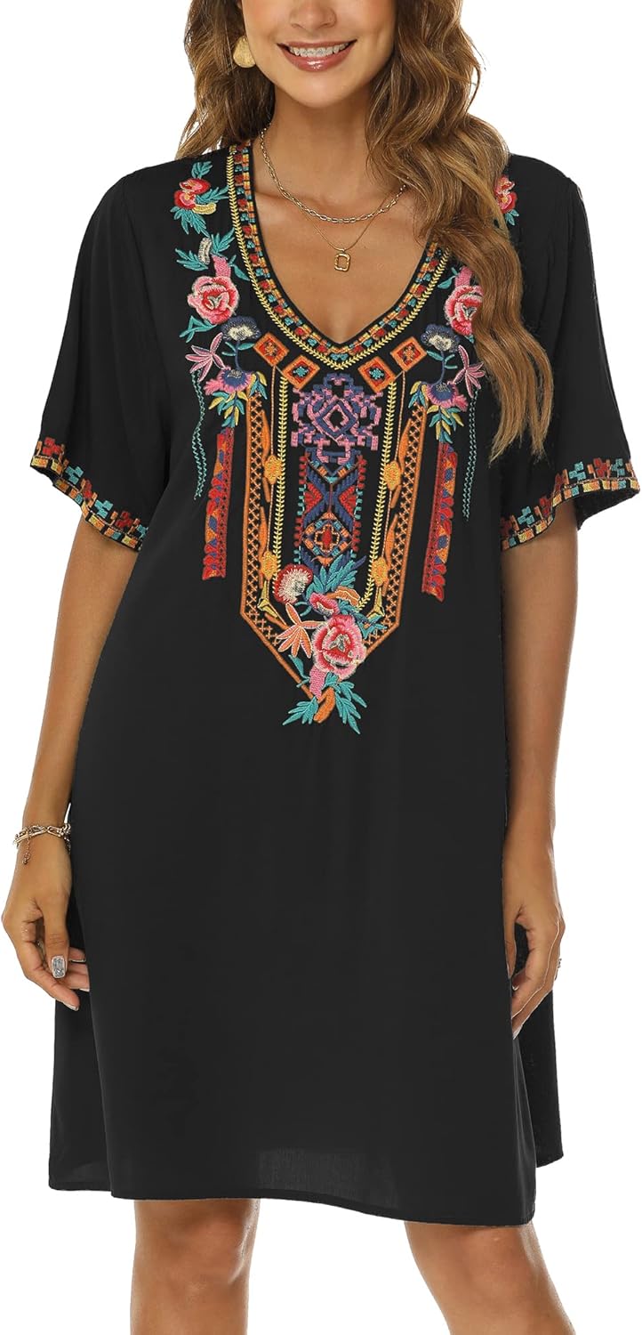 Grosy Women's Embroidered Mexican Peasant Dresses, Plus Size Fiesta Boho Dress for Women, Traditional Floral Bohemian Tunic - Image 4