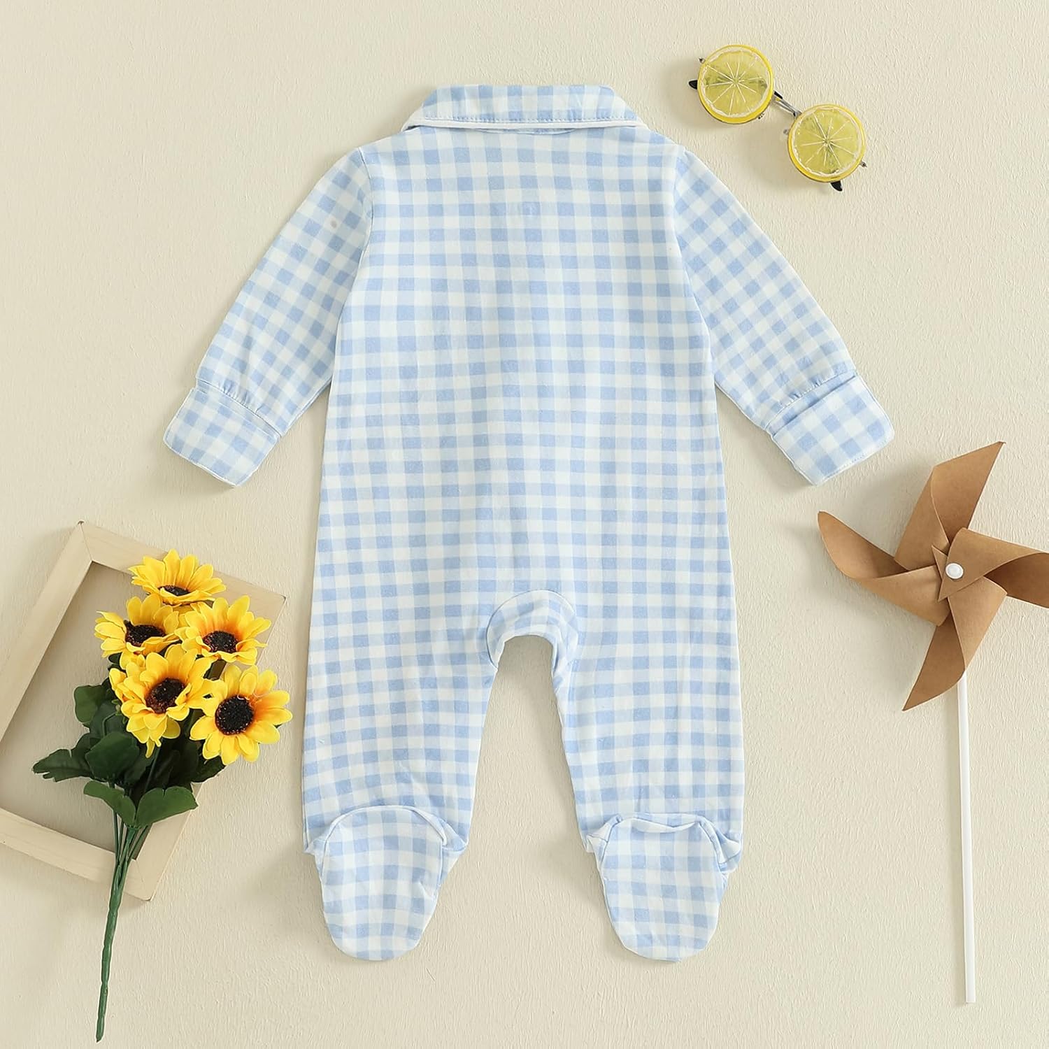 Seyurigaoka Newborn Baby Boy Girl Clothes Gingham Plaid Footed Jumpsuit Lapel Zipper Romper Cute Going Home Outfit - Image 4
