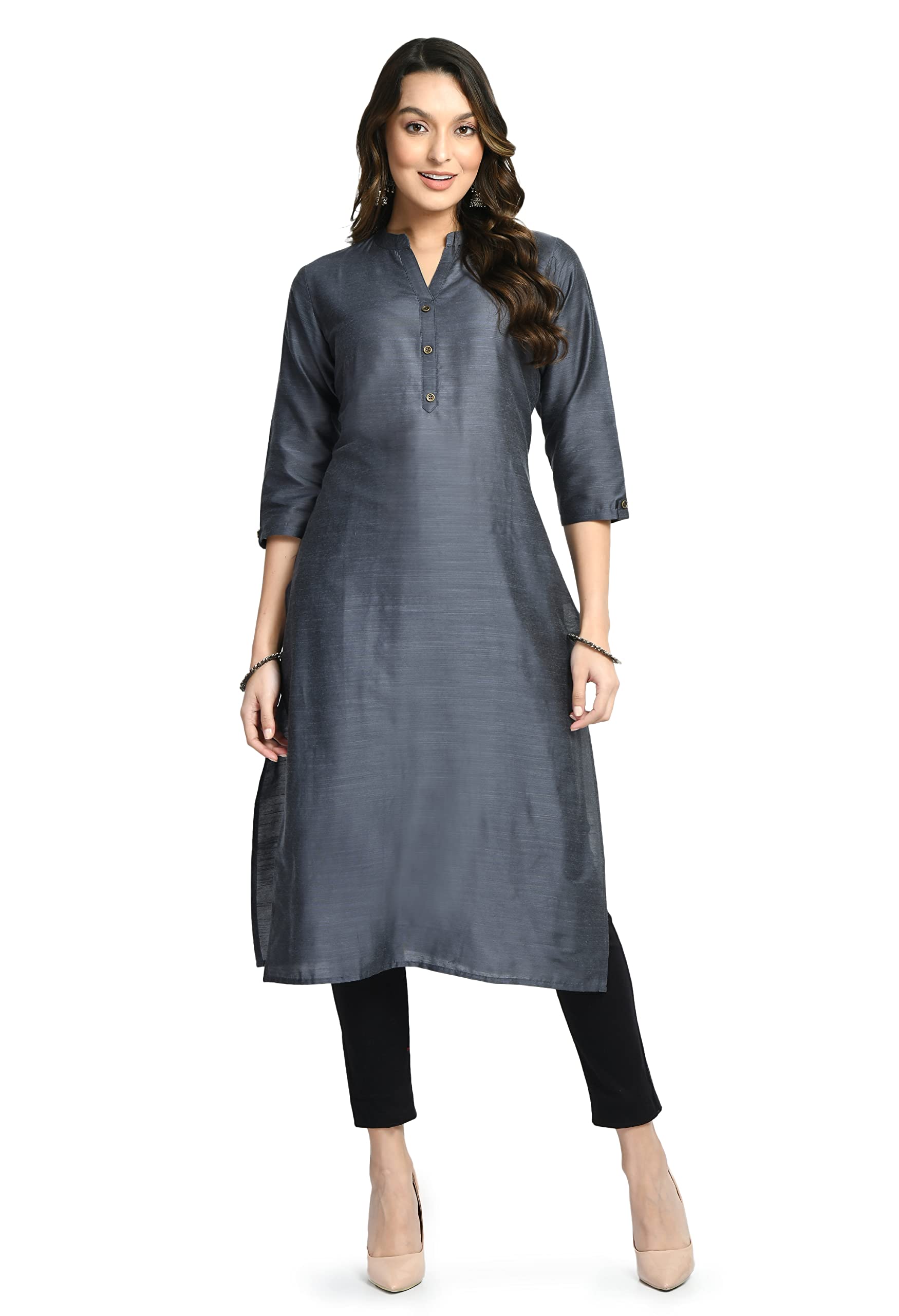 Lagi Women Solid Straight Poly Silk Kurta with Mandarin Collar