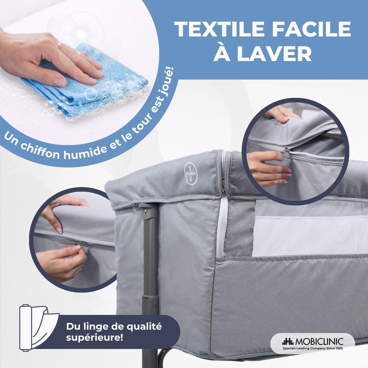 Mobiclinic®, Lit bébé cododo, 2 en 1, Système de Fixation au Lit, Réglable 5 hauteurs, Sac Transport, Roues incluses, Maille Respirante, Base rembourrée, Moon
