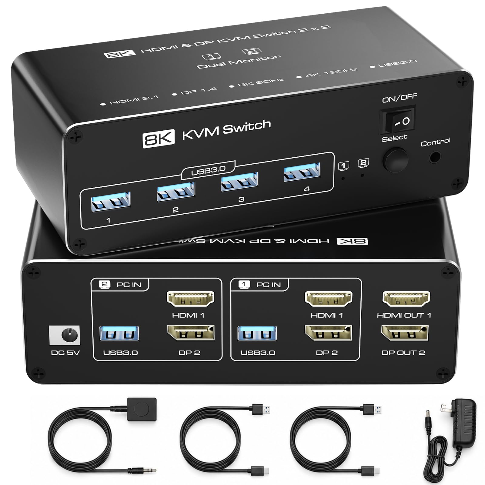 Commutateur KVM double moniteur pour 2 ordinateurs 2 moniteurs, HDMI 8K