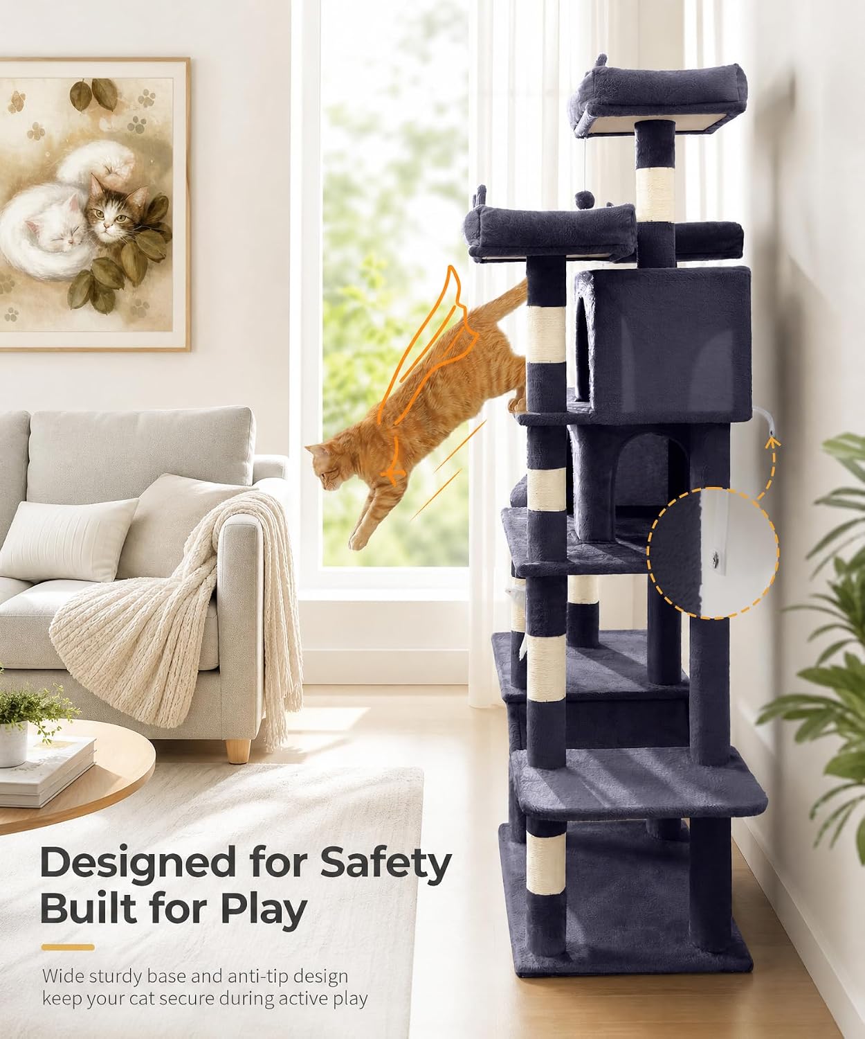 Heavy Duty Cat Tree for Indoor Cat, 71 Inch Large Cat Tower with Scratching Post and Top Perch, Hammock, Big Cat Condo for Adult Cats Kittens, PMT03DG, Dark Grey
