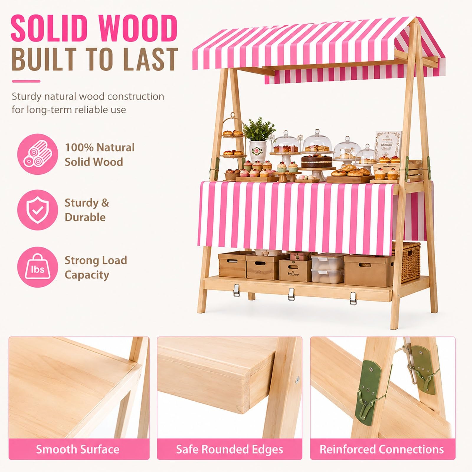 Stand Espositore Pieghevole in Legno con Tettuccio | Carrello Alimentare Portatile in Legno, Stand a 2 Livelli per Mercati e Feste(Blue,136cm/54")