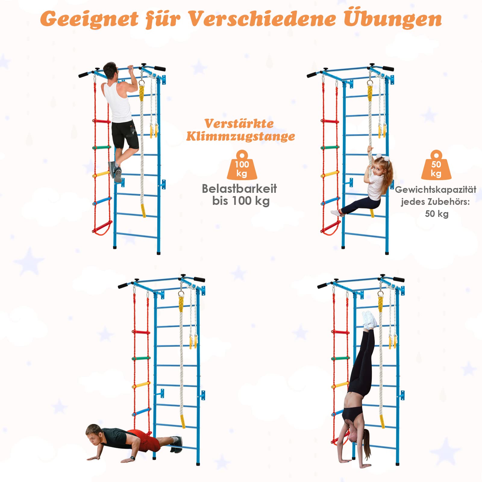 COSTWAY Kinder Kletterwand Sprossenwand Metall, Turnwand Gymnastikgerät Klettergerüst 107x83x223cm, Heimsportgerät für Kinder und Erwachsener bis 100kg