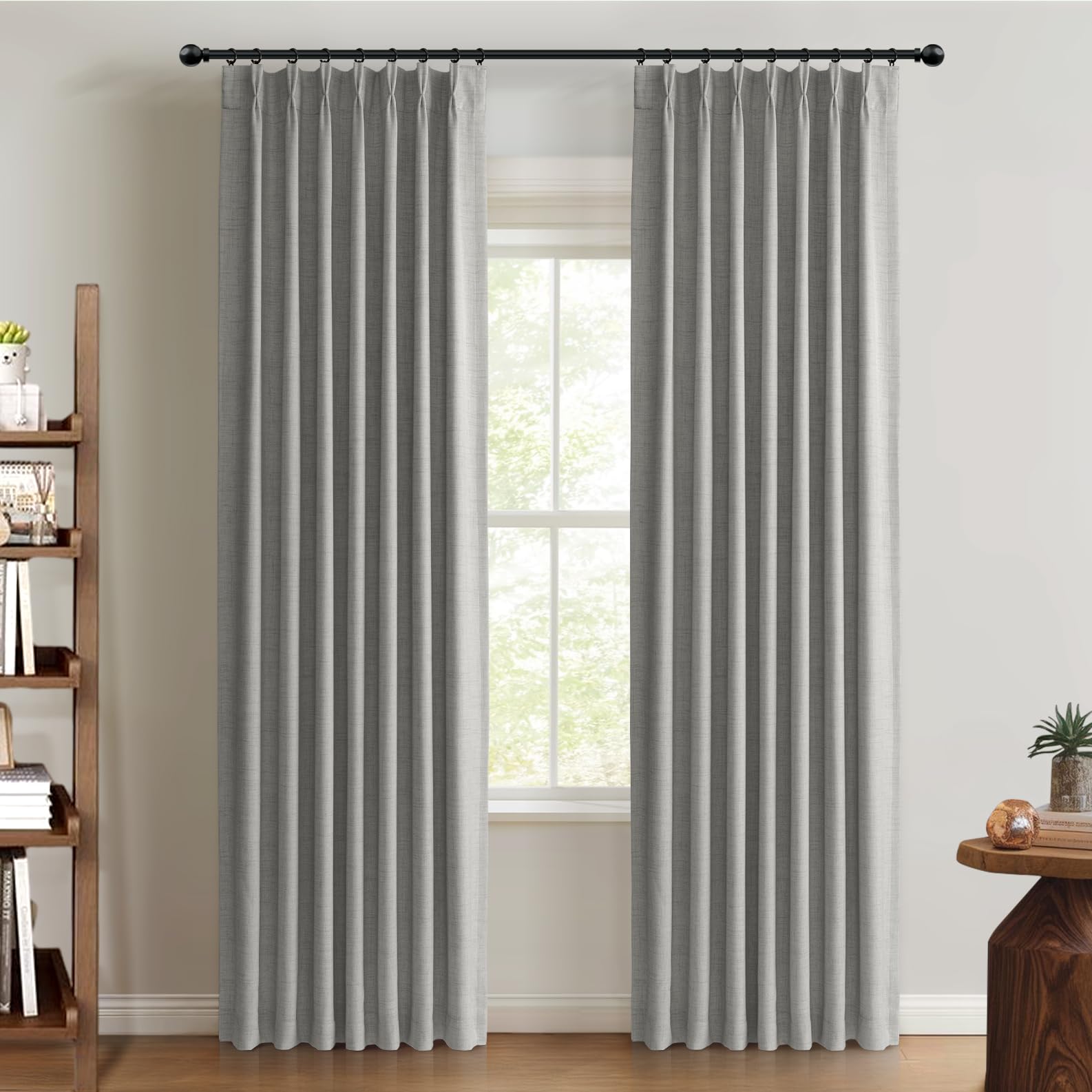 100% Blackout Shield Linen Look Textured Pinch Pleated Curtains Blackout Drapes 108 Inch Long 2 Panels Set, Faux Linen Blackout Curtains for Bedroom &