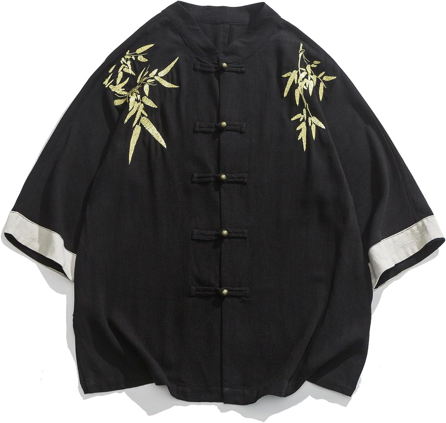 Summer Embroidery Mandarin Collar Men's Short Sleeve Shirt, Chinese Style Tang Suit Casual Top