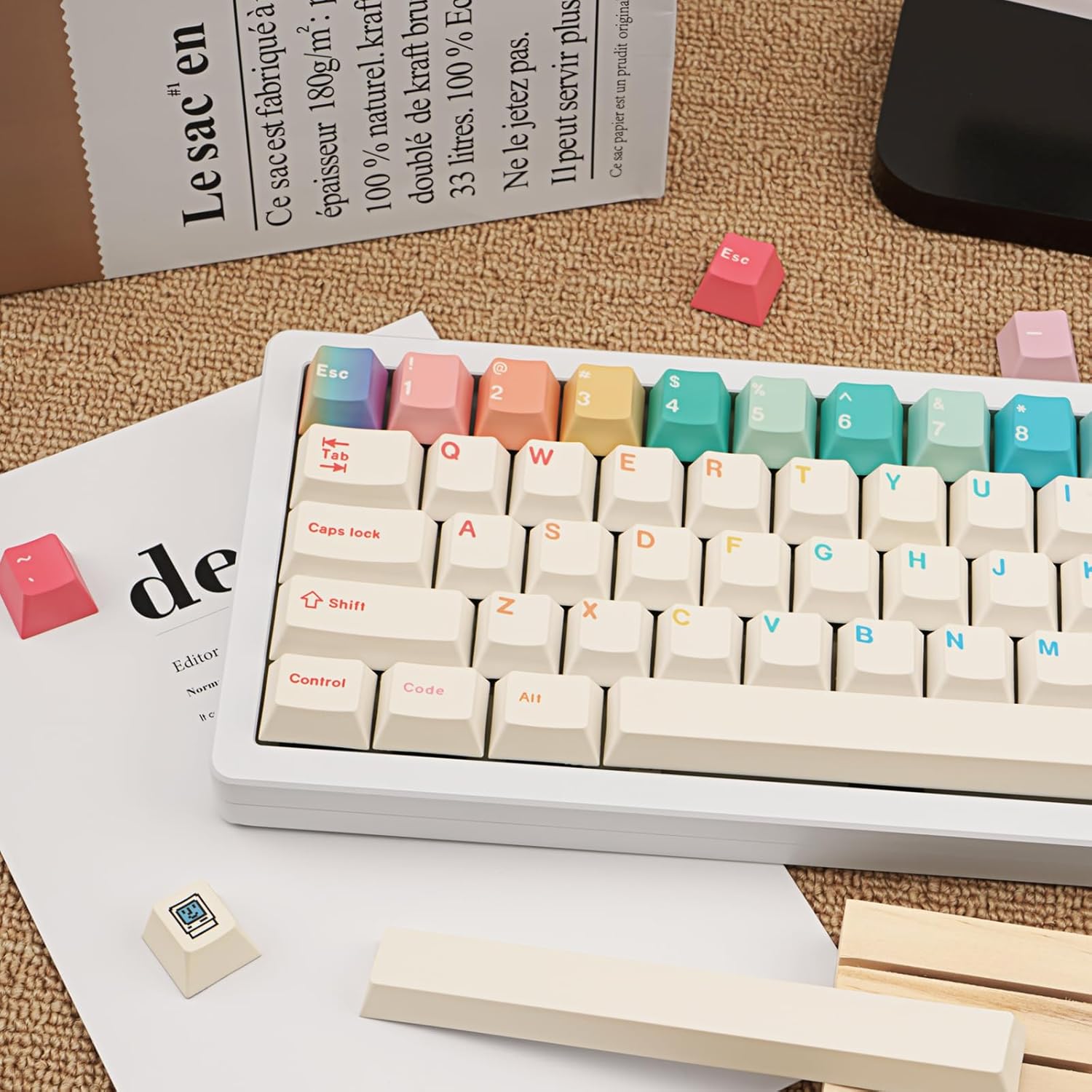 Minimalist White PBT Keycaps, 150 Keys Cute Macaron Theme Keycap, Cherry Profile Dye-Sublimation Colorful Keycaps for 61/64/68/84/87/100/104/108 Cherry MX Mechanical Keyboards