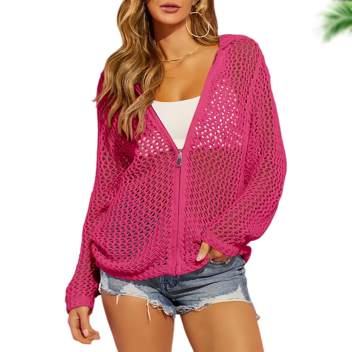 Cardigan da donna in maglia crochet con zip, cappuccio e maniche lunghe | Copricostume estivo/primaverile in rete crochet