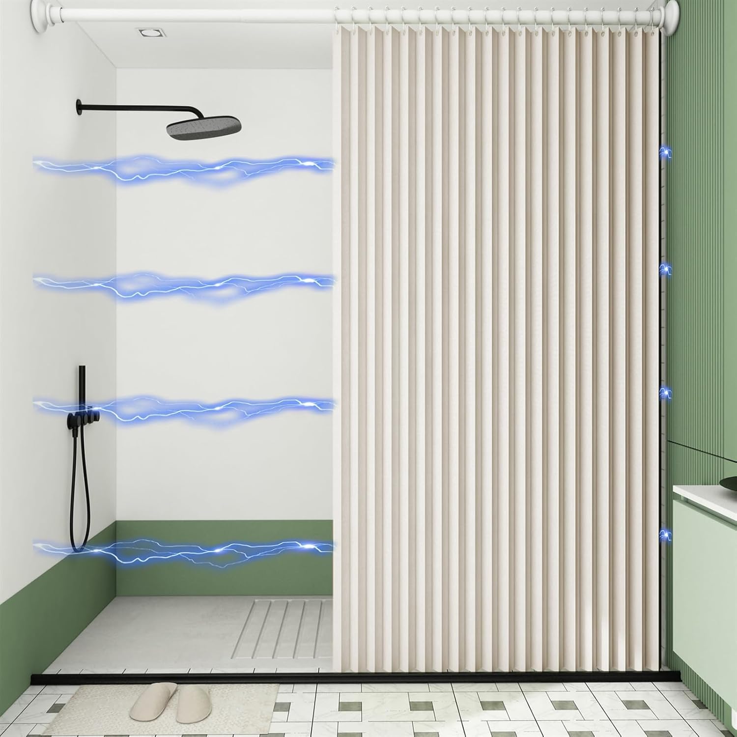 Waterproof Magnetic Folding Shower Curtain for Walk in Shower, Washable Pleated Fabric Shower Curtains, 220gsm, No Liner Needed, C-Shaped Hook, Grey, 59"x71"