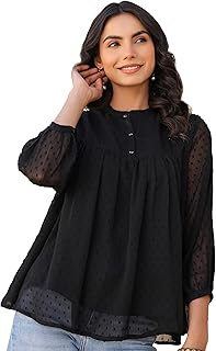 Janasya Women's Black Dobby Chiffon Solid Empire Top Price In India
