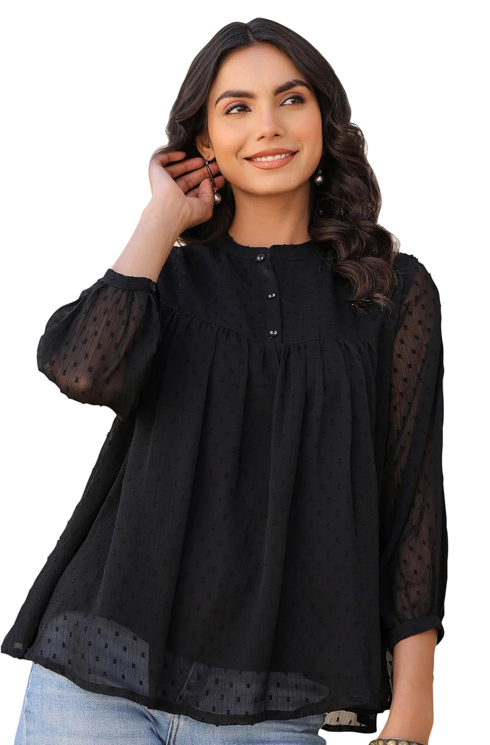 Janasya Women’s Black Dobby Chiffon Solid Empire Top