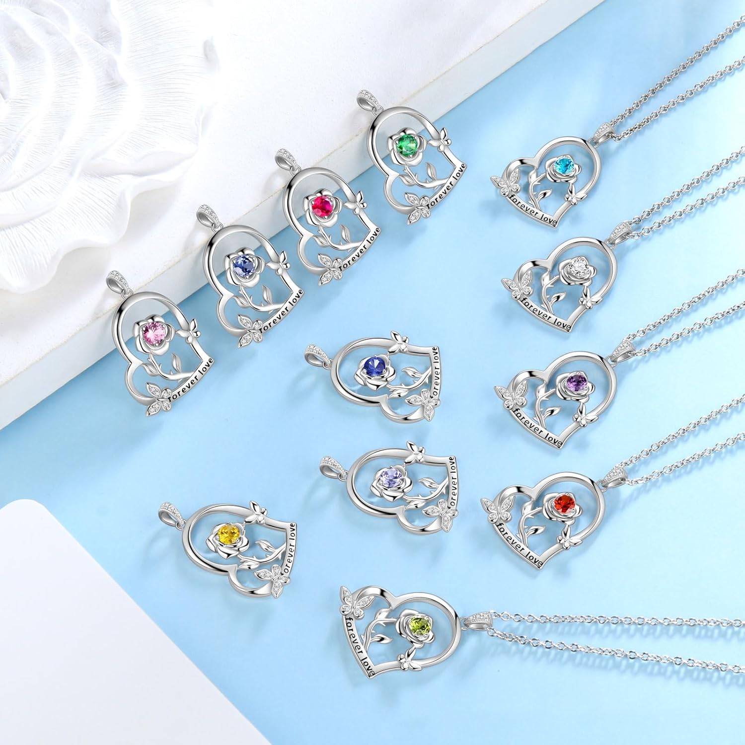 925 Sterling Silver Heart Rose Flower Birthstone Necklace for Women Butterfly Pendant Necklace Elegant Rose Promise Necklace Birth Stone Necklace Rose Flower Jewelry Christmas Gifts for Women Mom Her - Image 8
