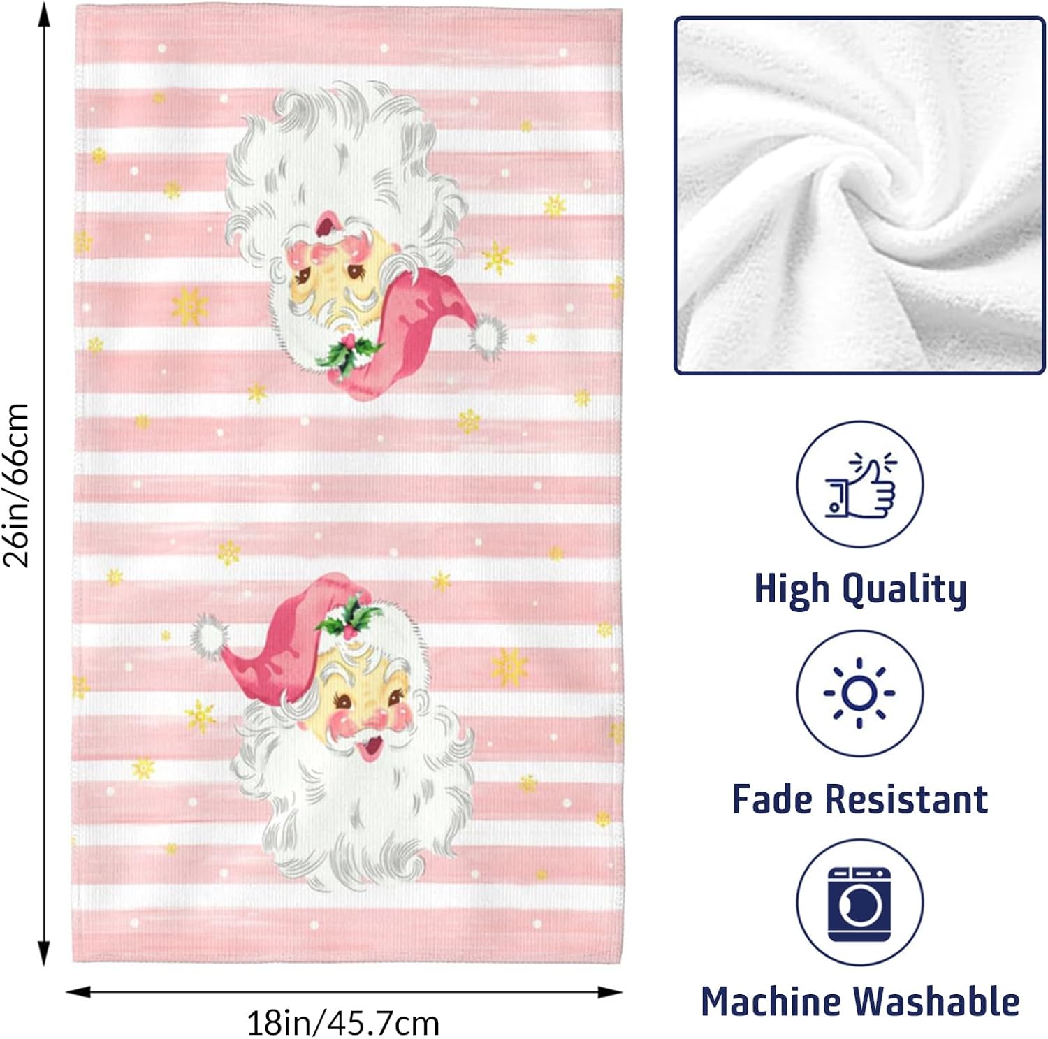 Xmas Santa Claus Kitchen Dish Towels, 2 PC Winter Christmas Decoration Hand Towels, Snowflake Pink Stripes Tea Towels, 26x18 Inch Hand Towels for Cooking Baking - Image 3