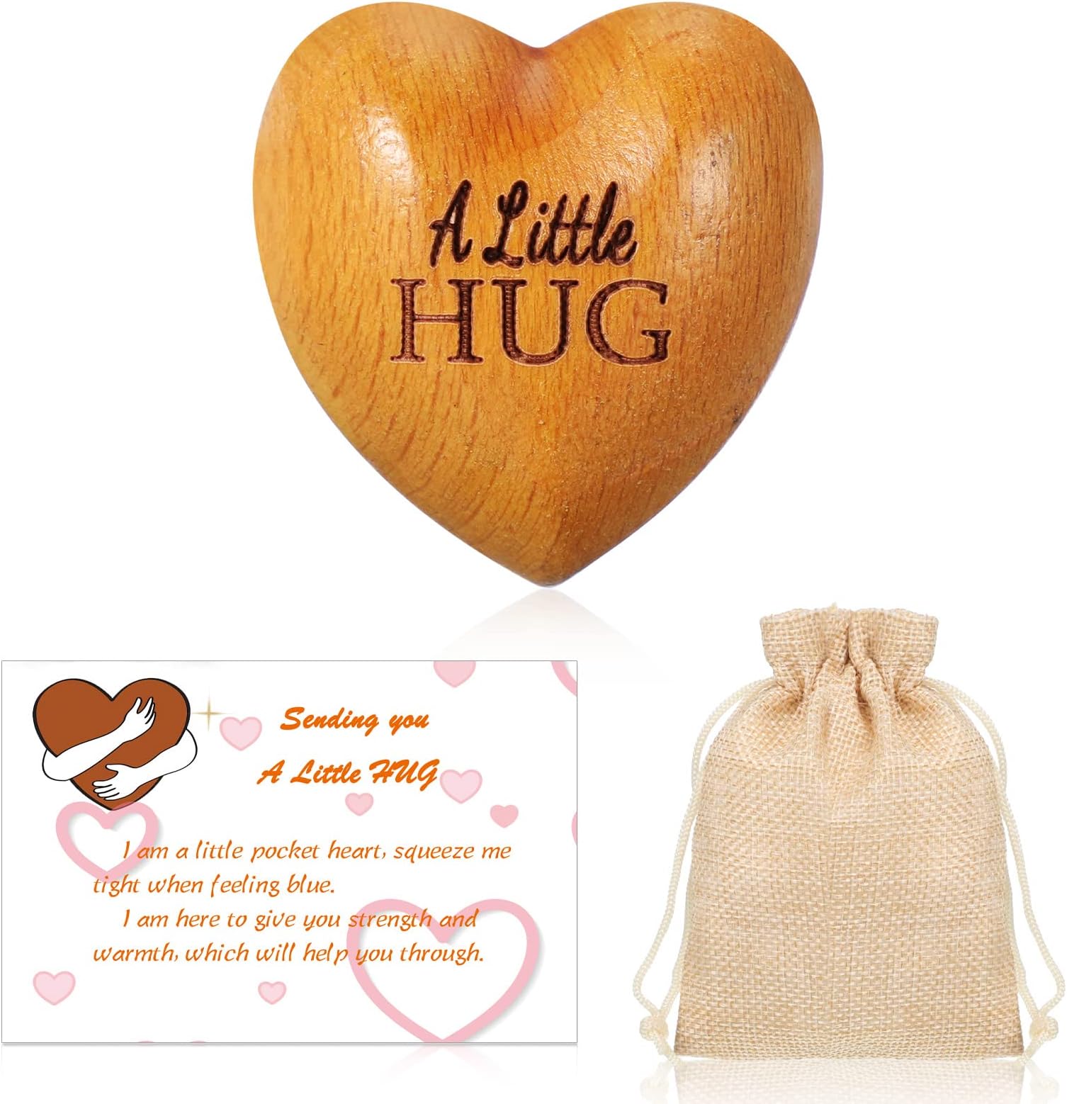 Pocket Hug Gift Little Wooden Heart Ornament with Card and Drawstring Bag Sending Love Gifts for Women Couple Friend Anniversary Wedding Birthday(Hug,1.4 x 1.4 x 0.8)