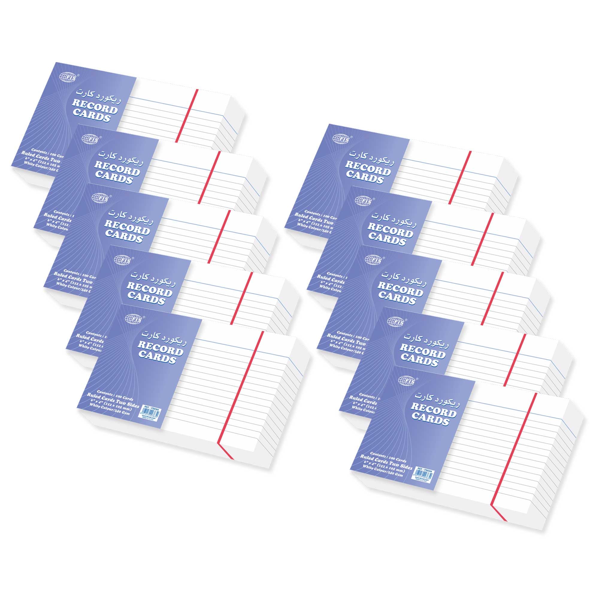 FISRuled Record Cards or Index Cards, Size:6"x4" Inches (152x102mm), Two Sides Single Ruled, 240gsm, 100 Sheets Per Packet, Packet of 10 Pieces(1000 Sheets), White Color-FSIC64-10