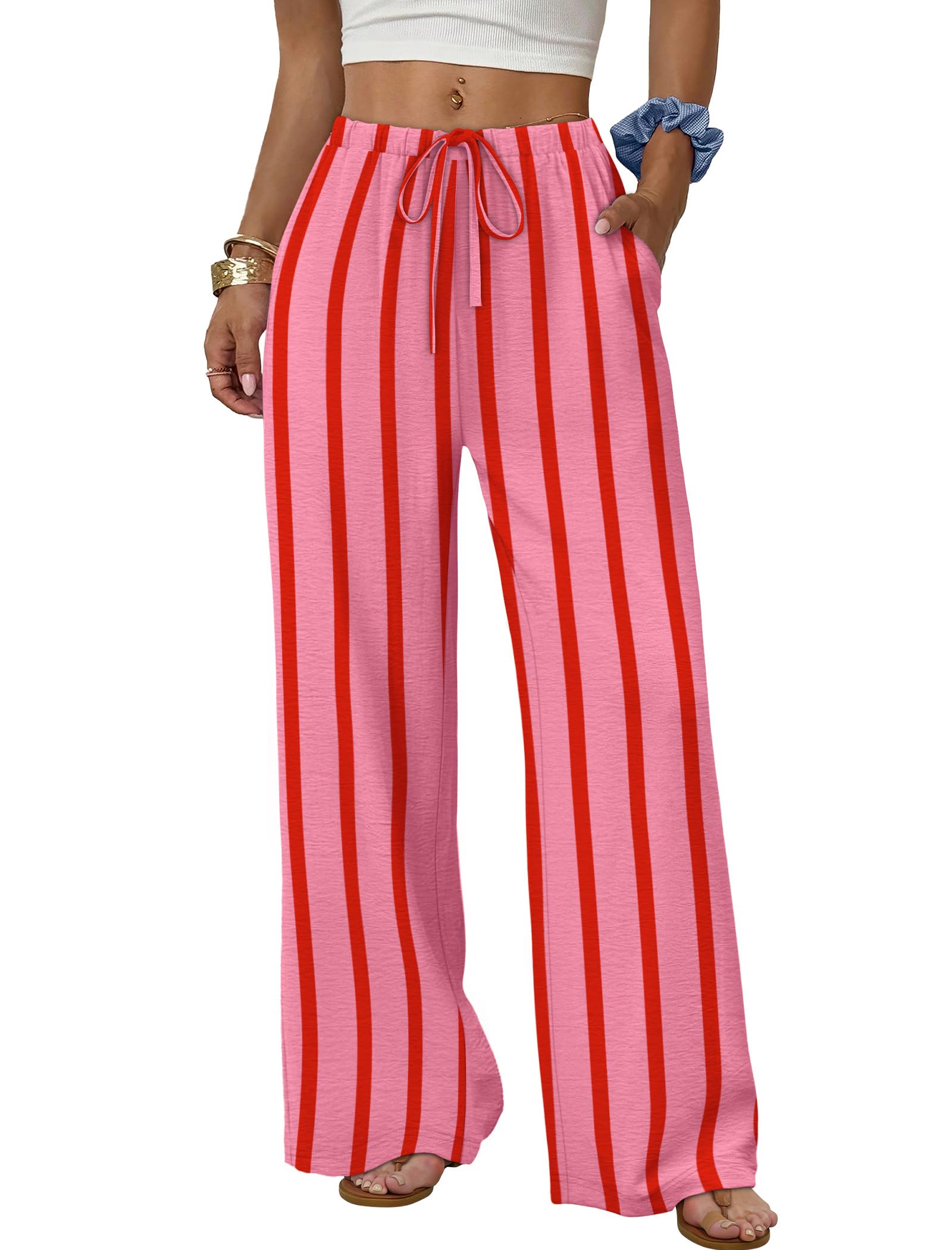 Sampeel Wide Leg Pants for Women Flowy Palazzo Drawstring Elastic Waist Trousers with Pockets Summer Beach Vacation Clothes — view 8
