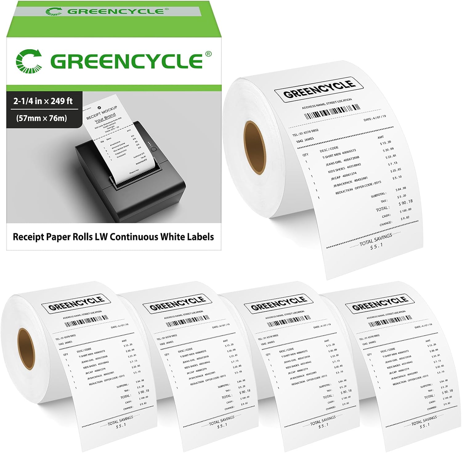 GREENCYCLE 5 Roll Compatible for Dymo 30270 2-1/4" x 250' Cash Register POS Receipt Paper Rolls LW Continuous White Labels Used for Zebra LabelWriter 450, 450 Turbo, 4XL, NOT FIT 550 & 5XL