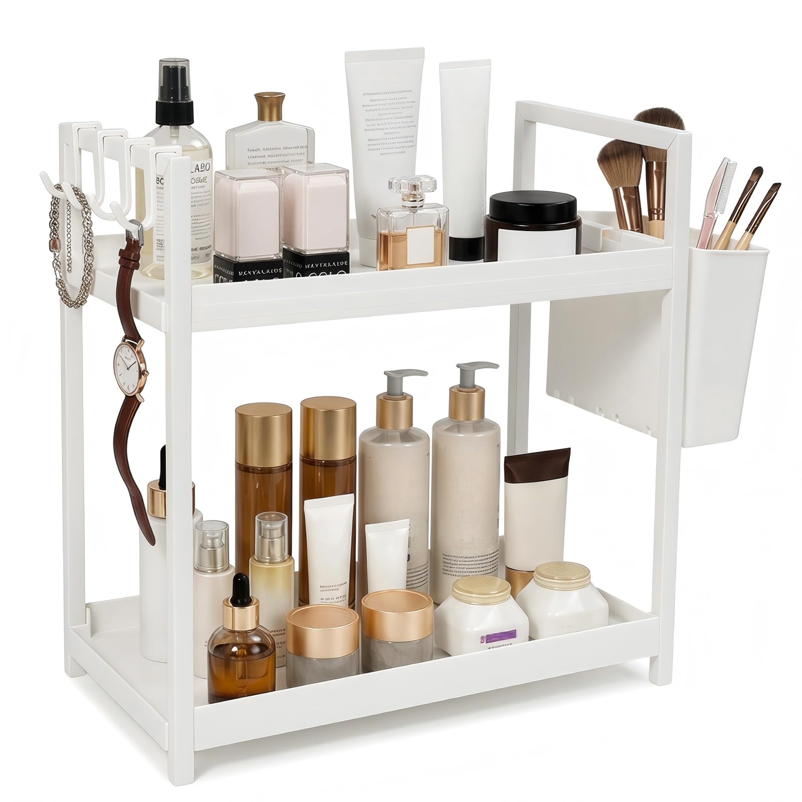 Mensola doccia da appendere, colore bianco, Organizer per Trucchi Grande con 1 Cestino e 4 Ganci, Scaffale Organizer da Bagno a 2 Ripiani Organizzatore per Il Bagno in Acciaio al Titanio