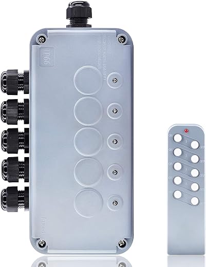 Outdoor Remote Switch,NineLeaf Garden & Pond Switch Box IP66 Waterproof, 5 Gang Electrical Remote Controlled Switch Boxes,External Switch Wireless,Up to 1000W,220-240V,for Outdoor Pump Heater Lights