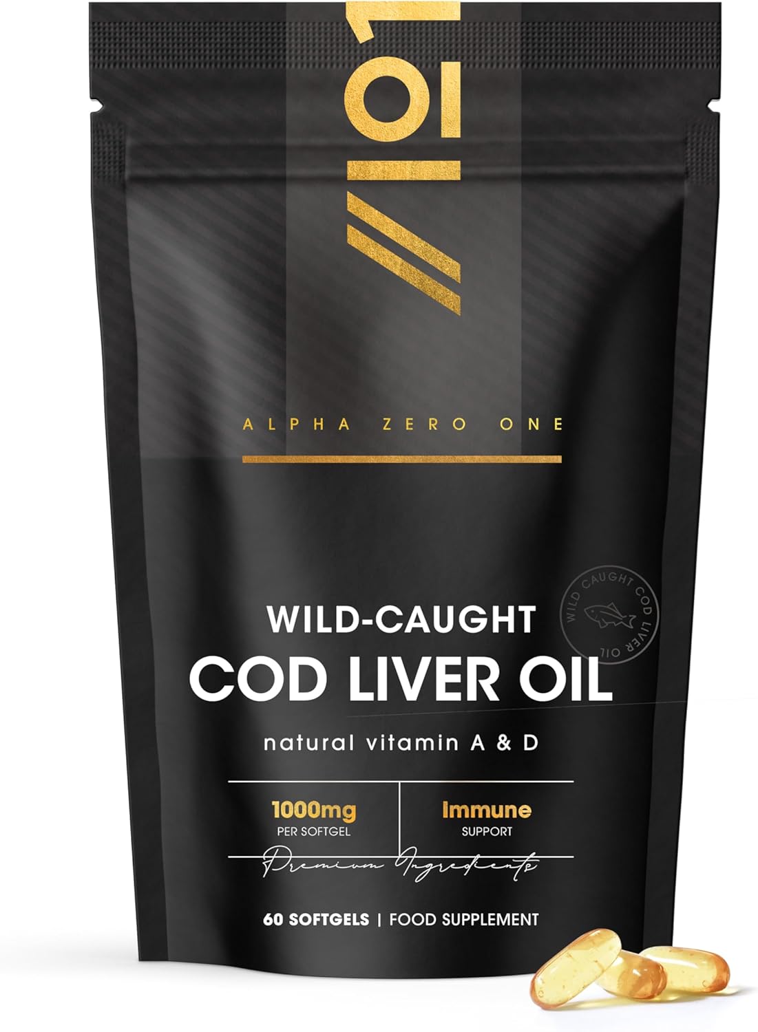 Cod Liver Oil 1000mg – 60 Softgels – Wild-Caught & Cold-Pressed – Source of Omega-3 Fatty Acids – Rich in Vitamins A & D3 – Immune Health + Vision Support – 2 Months Supply by Alpha01