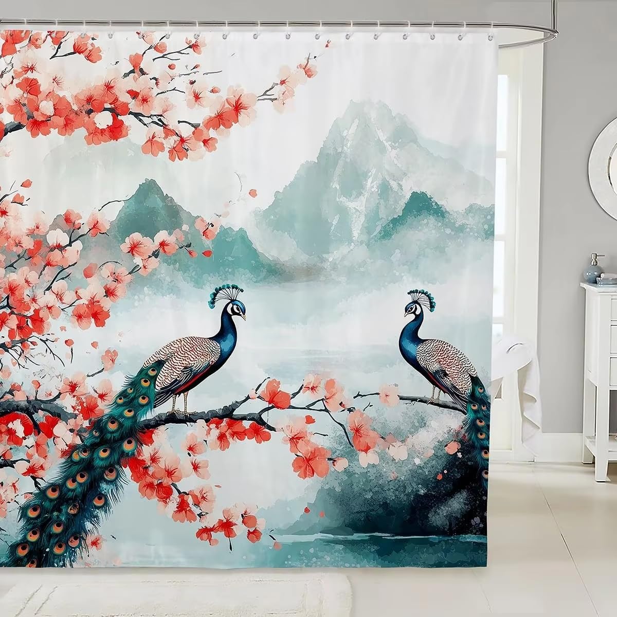 Ajalgz Bathroom Shower Curtian Japanese Style Cherry Blossom Shower Curtain Watercolor Peacock Animal Aesthetics Decor Bathroom Shower Curtains(90X150cm/Stall Shower Curtain)