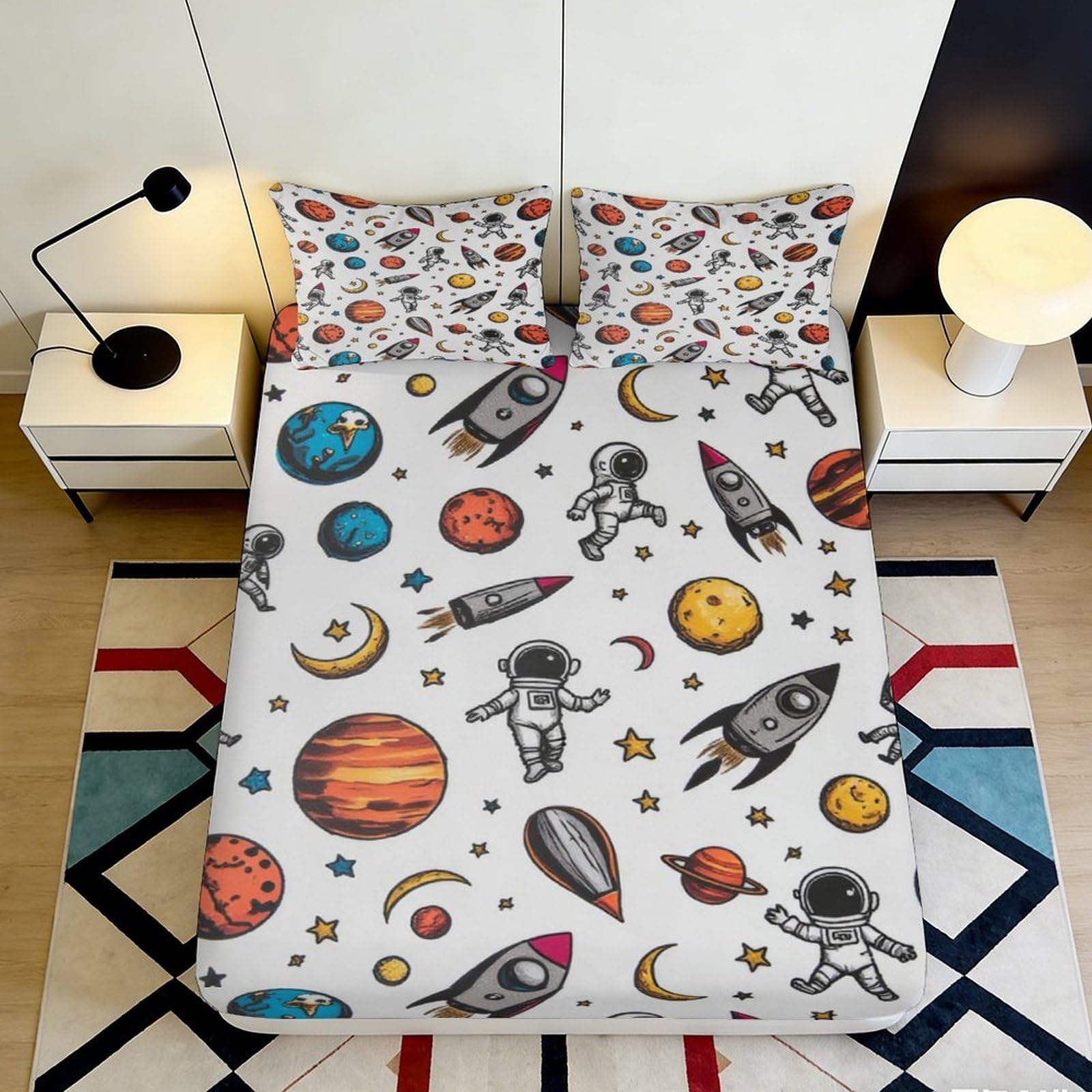 3D Printed Space Rocket Fitted Sheet Microfiber Soft Breathable Planet Astronaut Mattress Cover for Bedroom Dorm 90x200x25cm