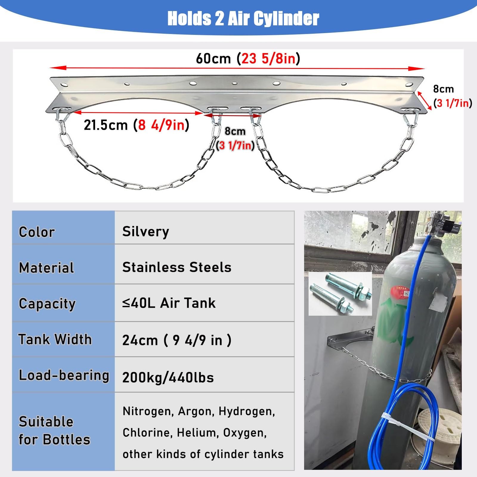 Soporte para bombonas de gas Soporte de pared de acero para cilindro de gas, soporte universal para tanque de oxígeno dual para fábricas, taller, autocaravana, estante de almacenamiento(1 Pack)